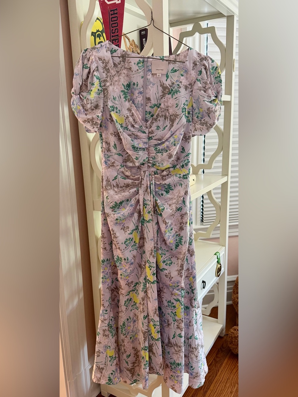 Cinq a Sept, Lavender Floral Maxi Dress with Yellow & Green Accents